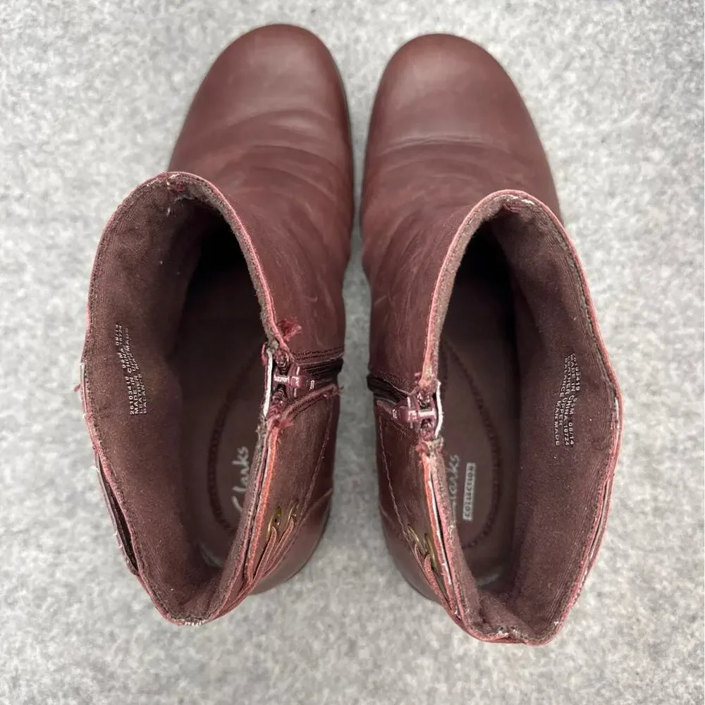 Clarks Collection Christine Burgundy Leather Side Zip Ankle Boot Women 9.5